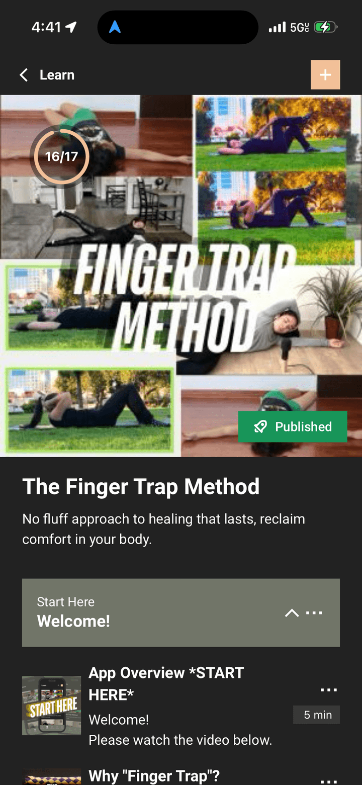 The Finger Trap Method app, course home screen
